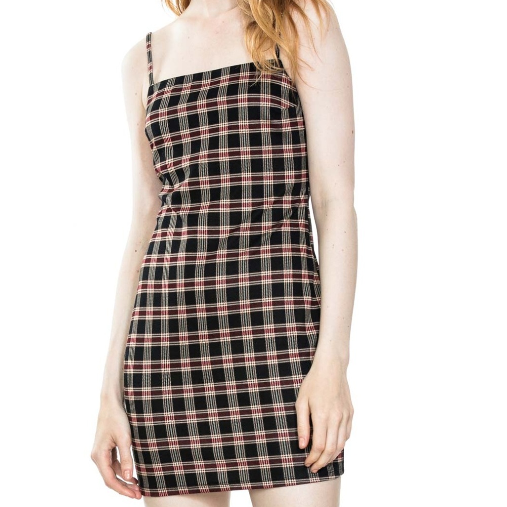 PLAID CHECK SLEEVELESS BACK TIED DRESS